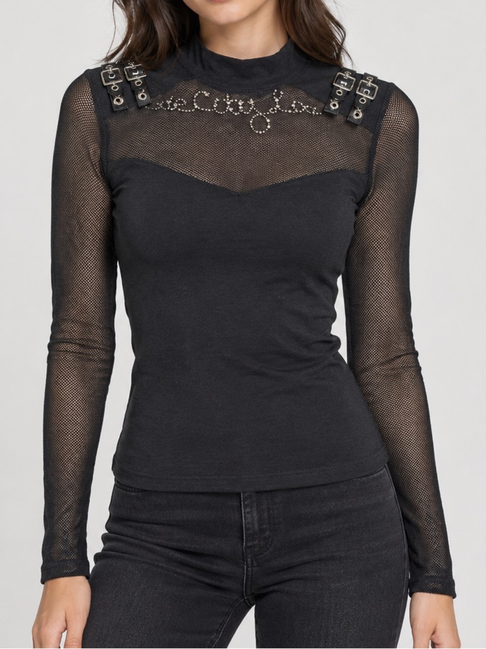 Killstar Mesh Panel Buckle Top Black Sweetheart Long Sleeve XXL Goth Witchy
